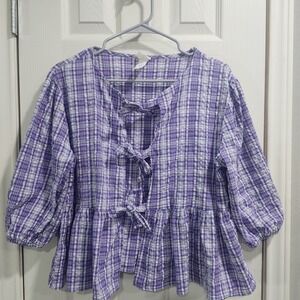 Purple Plaid Tie Front Blouse Womens Peplum Puff Sleeve Cottagecore Cotton Top M